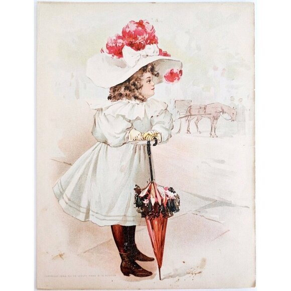 1898 Victorian Lithograph Beautiful Girl White Dress Hat Umbrella Horses DWMM4 - Picture 2 of 2